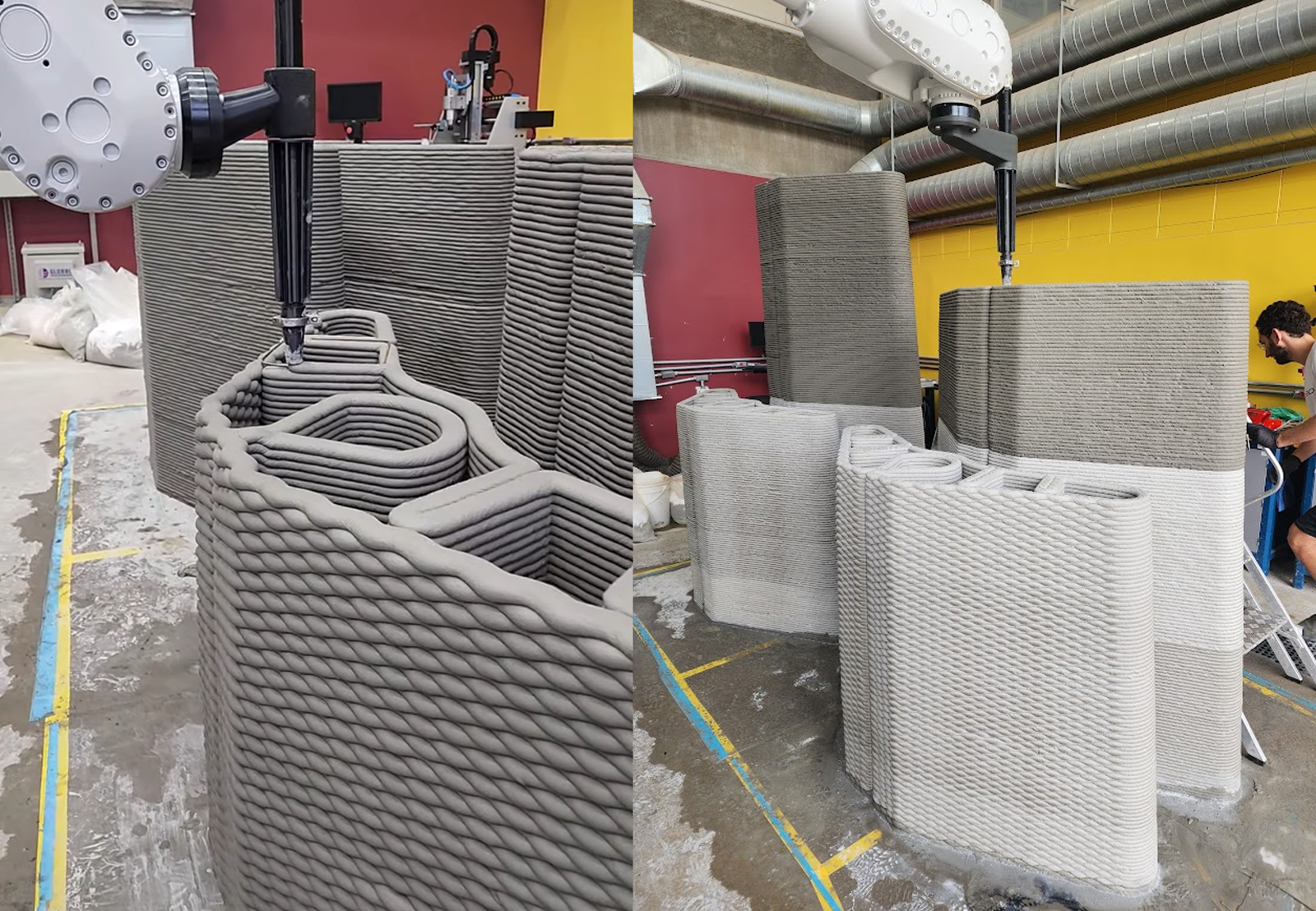 Robô industrial fabricando elementos estruturais de concreto por impressão 3D