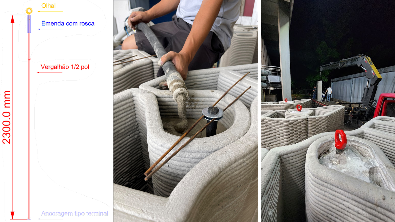Detalhes do sistema de ancoragem e içamento instalado no núcleo do elemento de concreto impresso em 3D